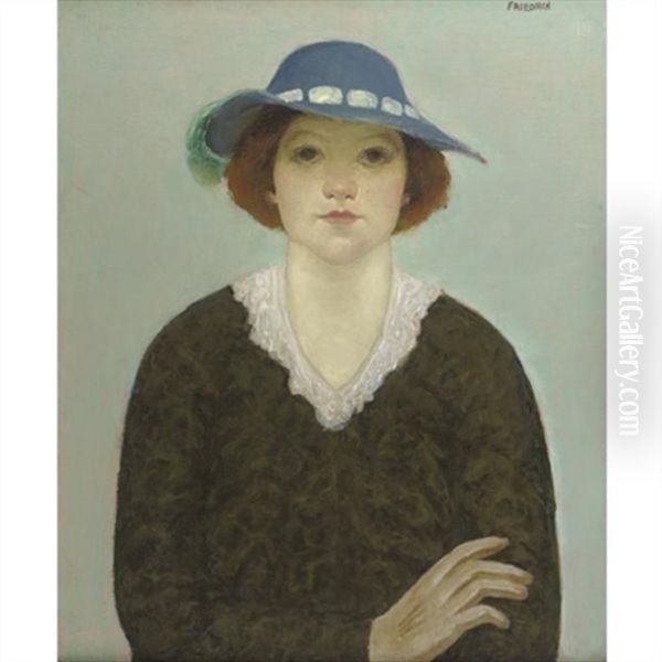 Portrait Of A Young Woman In A Blue Hat Oil Painting by Arnold Friedman