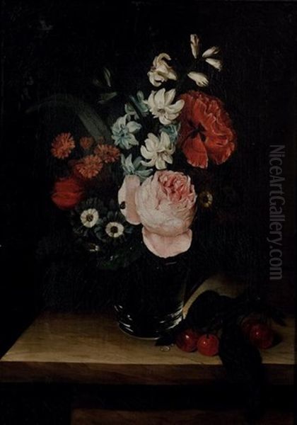 Fleurs Dans Un Verre Sur Un Entablement Avec Des Cerises Oil Painting by Caroline Friederike Friedrich