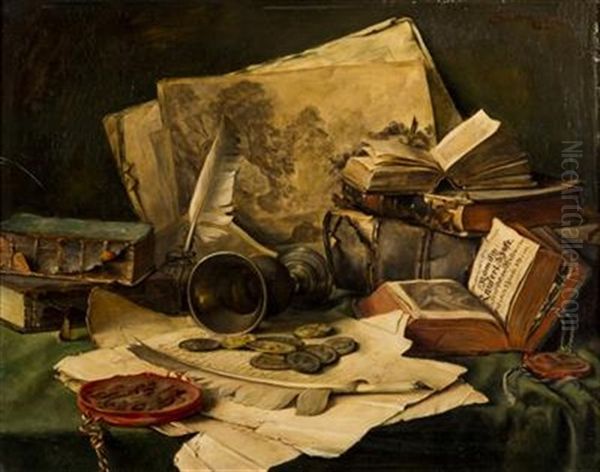 Still Life With Books Oil Painting by Caroline Therese Friedrich