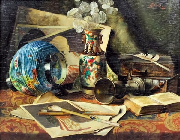 Still Life - Chinese Vase, Lantern, Chalice, Painting And Open Book Oil Painting by Caroline Therese Friedrich