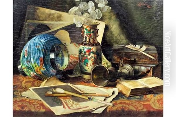 Still Life - Chinese Vase, Lantern, Chalice, Painting And Open Book Oil Painting by Caroline Therese Friedrich