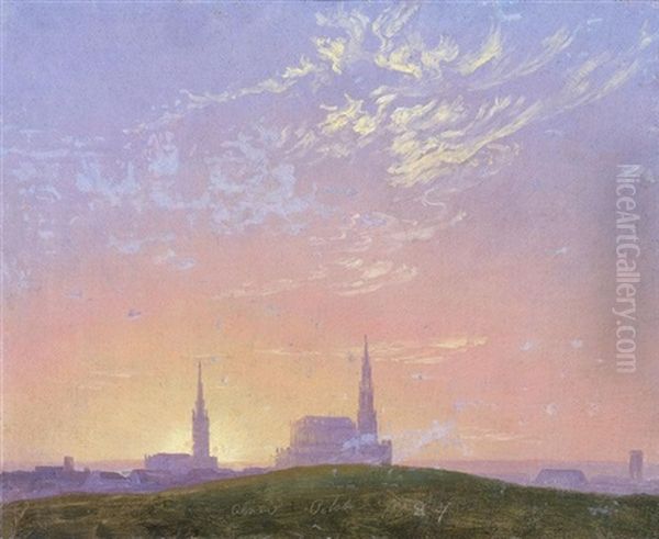 Abend: Sonnenuntergang Hinter Der Dresdener Hofkirche (evening: Sunset Behind Dresden's Hofkirche) Oil Painting by Caspar David Friedrich