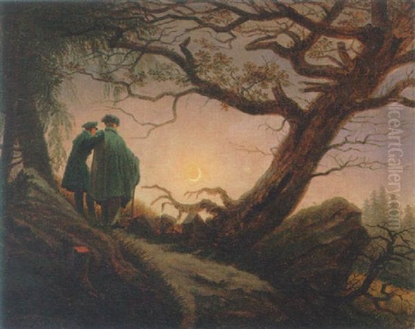 Zwei Manner In Betrachtung Des Mondes Oil Painting by Caspar David Friedrich