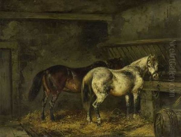 Zwei Pferde Im Stall Oil Painting by Gustav Adolf Friedrich