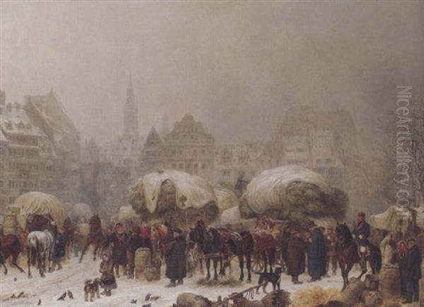 Winterliches Markttreiben Oil Painting by Gustav Adolf Friedrich