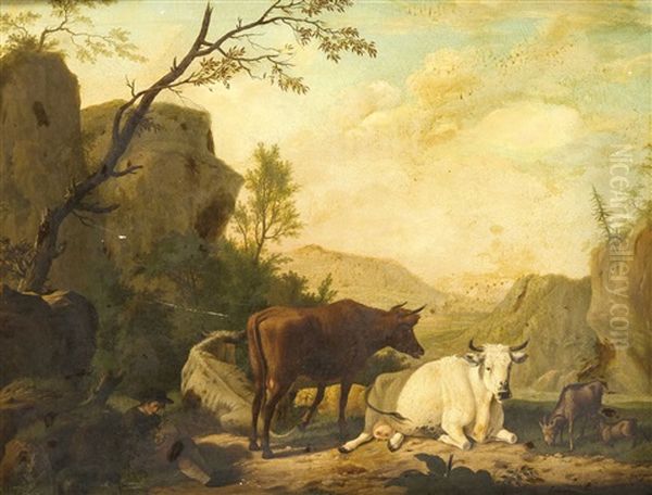 Felsige Ideallandschaft Mit Viehstaffage Und Einem Jungen Hirten, Der Ein Schlafendes Lamm In Seinem Schos Halt Oil Painting by Johann Christian Jacob Friedrich