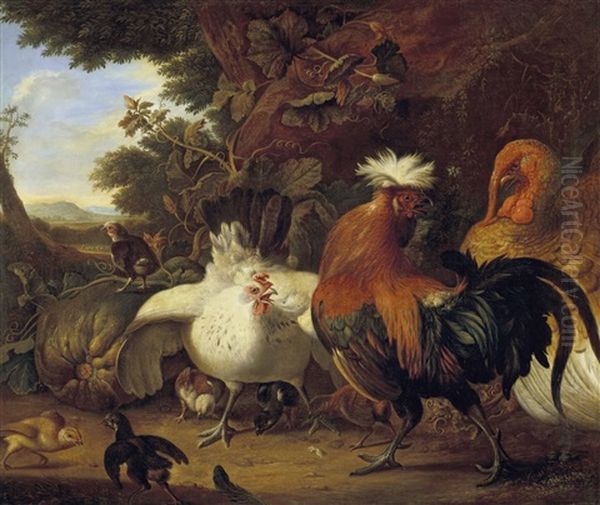 Jagdstilleben Mit Truthahn, Hahn, Henne Und Kuken Vor Landschaft by Johann Heinrich August Friedrich