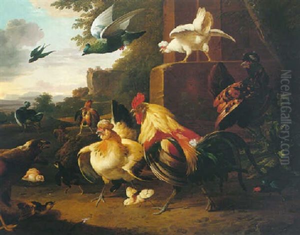 A Farmyard Scene With Bathams, Pheasant, A Golden Eagle And Other Fowl Oil Painting by Johann Heinrich August Friedrich