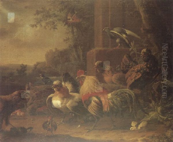 Poultry Attacked By An Eagle, In A Southern Landscape Setting Oil Painting by Johann Heinrich August Friedrich