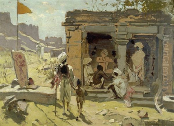 Wustenlandschaft In Radjastan Mit Sadhu In Seinem Haus (+ Entwurf Fur Ein Ehrenmal Bismarcks (?) Uber Einem Eingangsportal, Von Zwei Glorifizierenden Allegorien Begleite, Verso) Oil Painting by Woldemar Friedrich