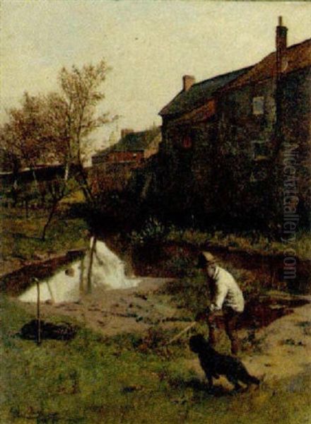 A Farmer With His Dog By A Pond Oil Painting by Harry Frier