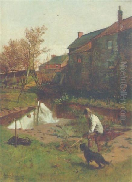 A Farmer With His Dog By A Garden Pond Oil Painting by Harry Frier