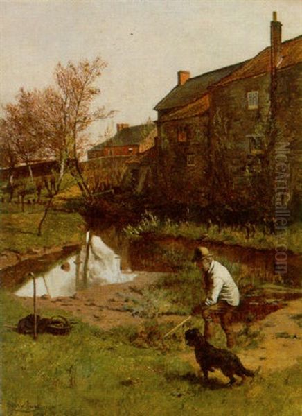 A Man With His Dog Digging Before A Mill Pond Oil Painting by Harry Frier