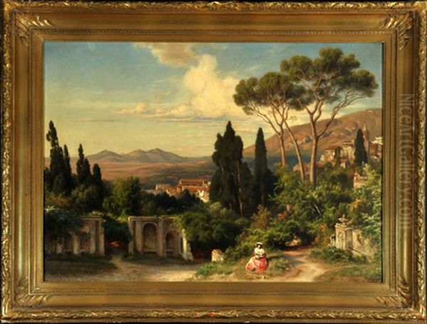 Mutter Mit Kind Am Dorfweg In Italienischer Hugellandschaft Oil Painting by Bernhard Fries