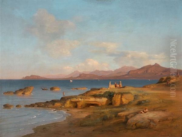 Italian Coastal Landscape Oil Painting by Bernhard Fries