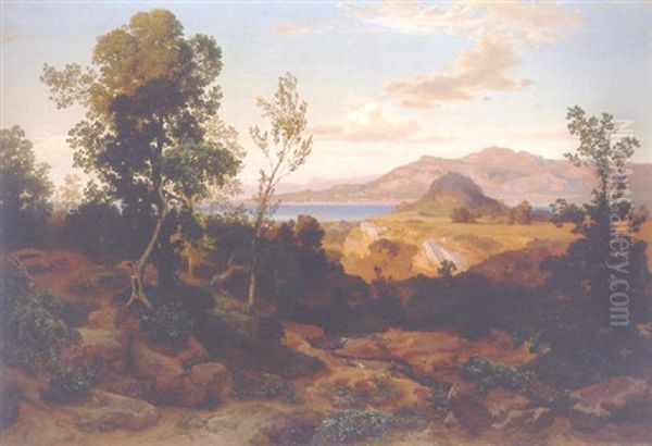 Sudliche Gebirgslandschaft Am See Oil Painting by Bernhard Fries