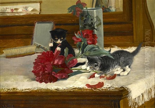 Kittens At Play On Dresser Oil Painting by Charles Arthur Fries