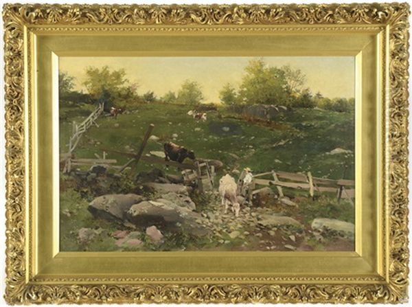 Untitled (rocky Pasture With Cattle And Rancher) Oil Painting by Charles Arthur Fries