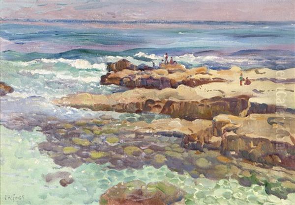 Rocks At La Jolla, Figures On Rocky Coast Oil Painting by Charles Arthur Fries