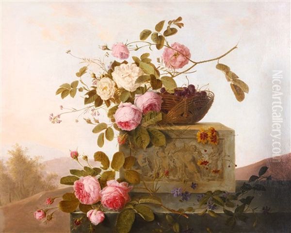 A Still Life Of Roses And A Basket Of Cherries Atop A Stone Ledge With Landscape Beyond Oil Painting by Emmanuel Fries