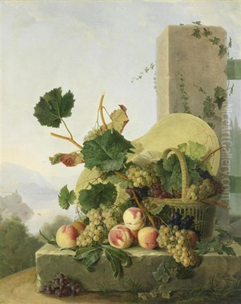 Still Life Of Fruit In A Basket, An Italianate Landscape Beyond Oil Painting by Emmanuel Fries