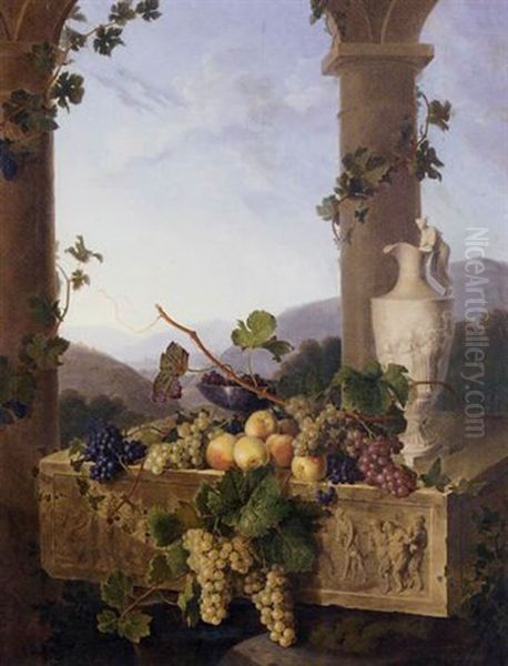 Grapes, Peaches And A Clasically Inspired Pitcher On A Marble Relief Depicting Classical Figures Oil Painting by Emmanuel Fries