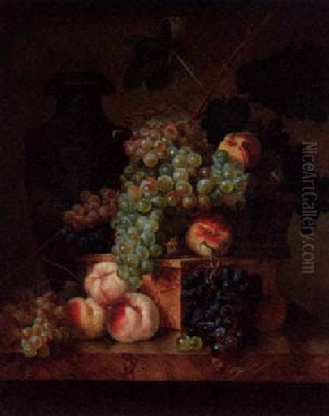 A Basket Of Fruit On A Ledge With A Vase Beyond Oil Painting by Emmanuel Fries