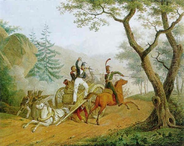 Russische Kosaken Uberfallen Einen Franzosischen Tros, Eine Szene Aus Den Napoleonischen Kriegen Oil Painting by Emmanuel Fries