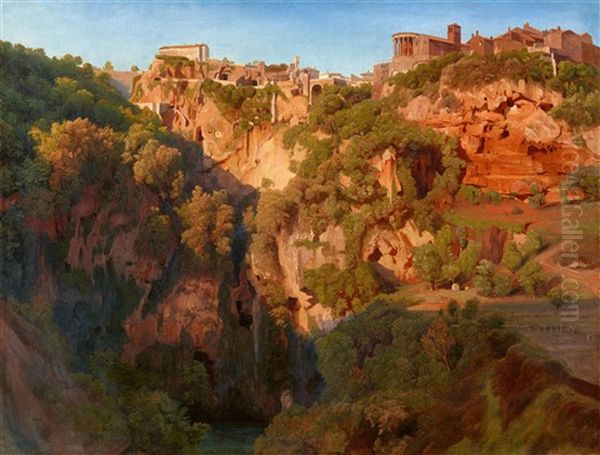 The Waterfalls At Tivoli With The Ponte Lupo, Temple Of Vesta, And Temple Of Sibyl Oil Painting by Ernst Fries