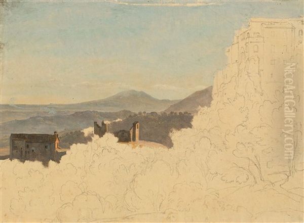 Blick Von Olevano Auf Den Monte Artemisio (unvollendet/unfinished) (+ Gate Of Olevano, Pencil;  Verso) Oil Painting by Ernst Fries