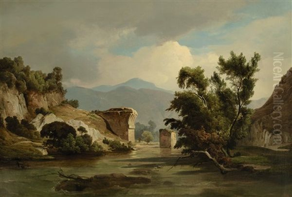 Italienische Flusslandschaft Mit Bruckenruine Oil Painting by Ernst Fries