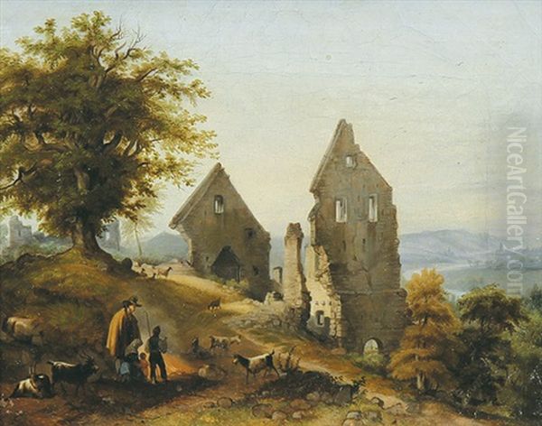 Flusslandschaft Mit Ruinen, Im Vordergrund Familie Mit Ziegenherde Oil Painting by Ernst Fries