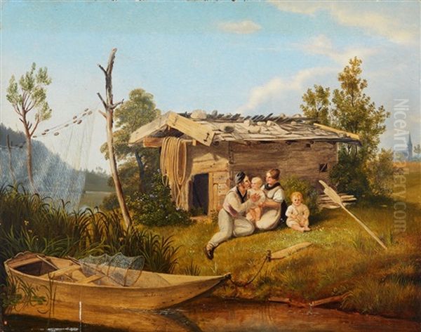 River Landscape With A Fisher Family Oil Painting by Wilhelm Fries