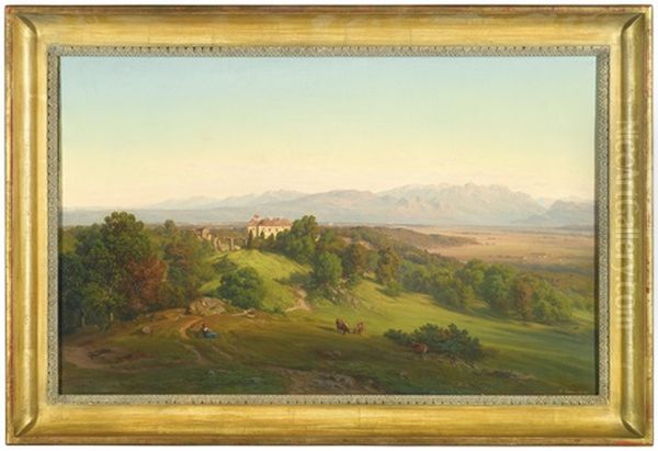 Extensive Landscape With Herdswoman And Her Cattle, A Villa Beyond Oil Painting by Wilhelm Fries