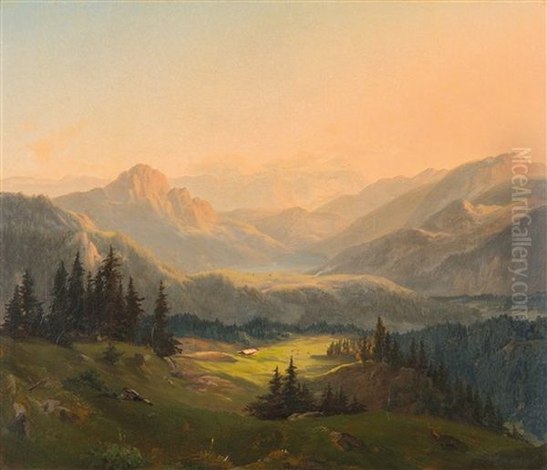 Partie Aus Dem Bayerischen Gebirge, Mit Blick Auf Einen Bergsee Oil Painting by Wilhelm Fries