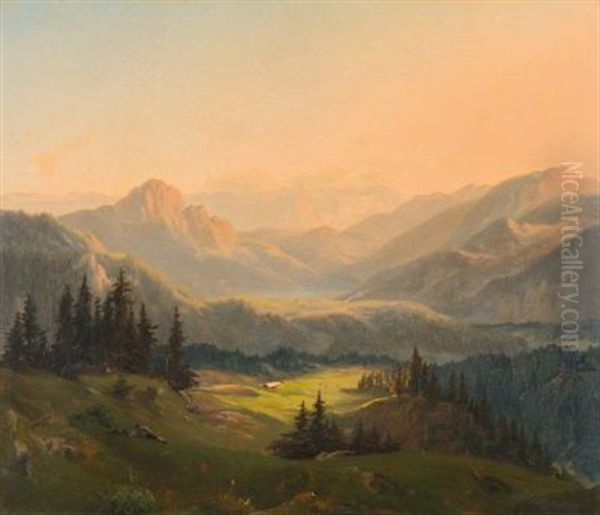 Partie Aus Dem Bayerischen Gebirge, Mit Blick Auf Einen Bergsee Oil Painting by Wilhelm Fries