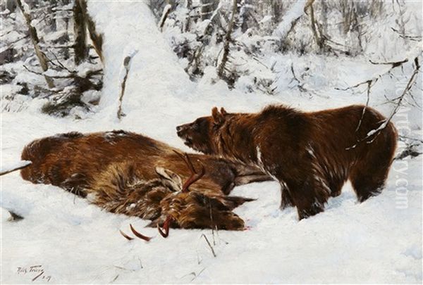 Norwegian Winter Landscape With An Elk And A Brown Bear Oil Painting by Richard Bernhardt Louis Friese