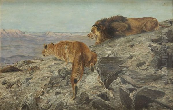 Hunting Lions Oil Painting by Richard Bernhardt Louis Friese