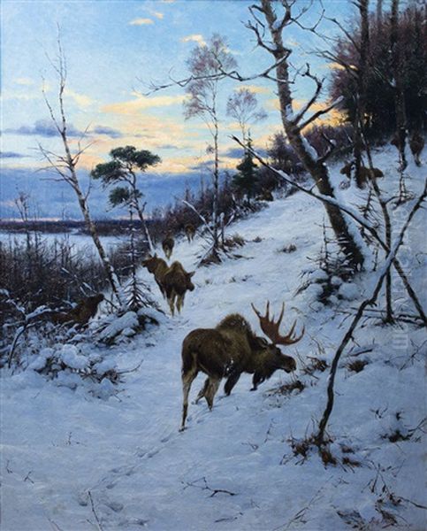 Moose In A Winter Landscape Oil Painting by Richard Bernhardt Louis Friese