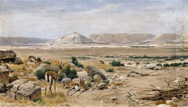 South African Landscape With Springboks Oil Painting by Richard Bernhardt Louis Friese