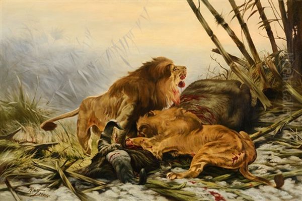 Lions In The Lagoon Oil Painting by Richard Bernhardt Louis Friese