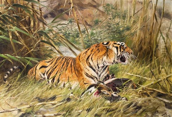 Tiger Mit Antilope Oil Painting by Richard Bernhardt Louis Friese