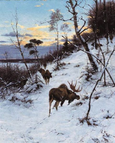 Moose In A Winter Landscape Oil Painting by Richard Bernhardt Louis Friese