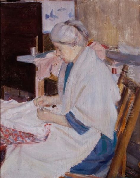 Woman Sewing (harbor Scene Verso) Oil Painting by Frederick Carl Frieseke