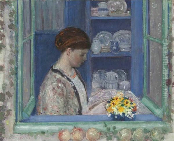 Sadie In Window (mrs. Frieseke At The Kitchen Window) Oil Painting by Frederick Carl Frieseke