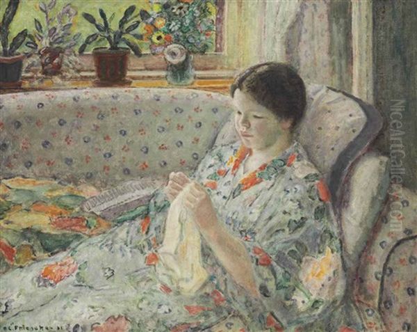 Girl Sewing (the Chinese Robe) Oil Painting by Frederick Carl Frieseke