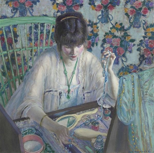 La Poudreuse (woman Selecting A Necklace) Oil Painting by Frederick Carl Frieseke