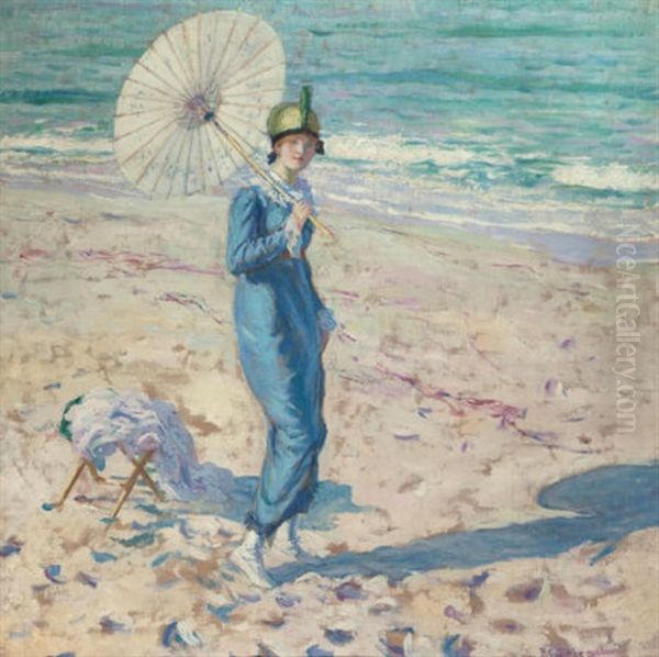 On The Beach (girl In Blue) Oil Painting by Frederick Carl Frieseke