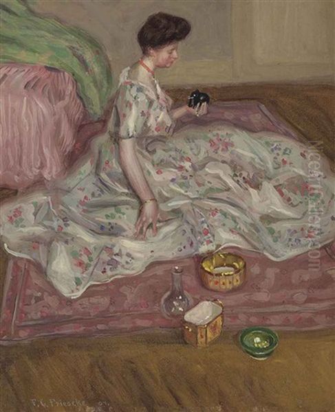 Femme Assie Aux Bibelots (portrait Of Medora Clark) Oil Painting by Frederick Carl Frieseke