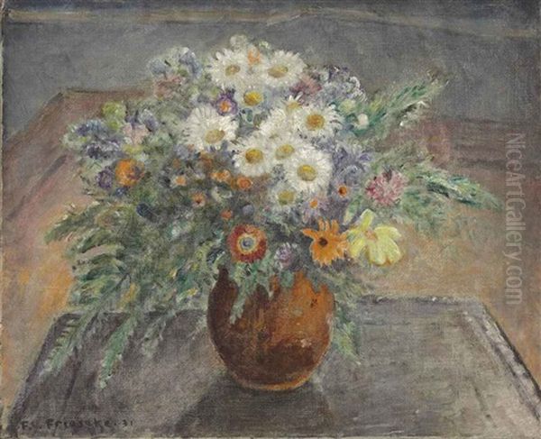 Alpine Flowers (flowers In A Brown Vase) Oil Painting by Frederick Carl Frieseke